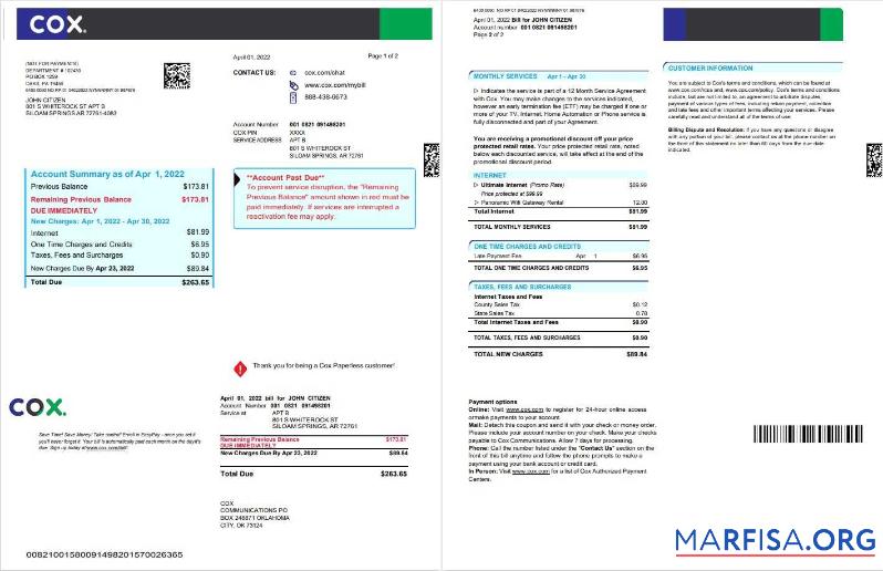 Printable USA COX digital cable television utility bill, Word and PDF template, 2 pages